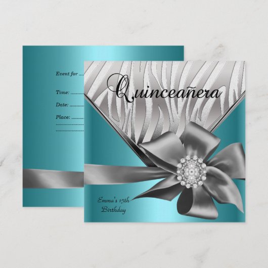 Quinceanera 15e Blauwgroen blauwe zilvergrijze Bow Kaart (Voorkant / Achterkant)