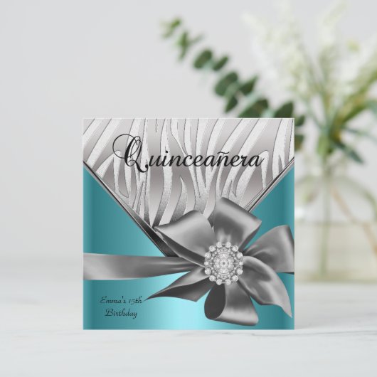 Quinceanera 15e Blauwgroen blauwe zilvergrijze Bow Kaart (Staand voorkant)