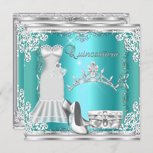 Quinceanera 15e Blauwgroen Blue Silver Diamond Tia Kaart (Voorkant / Achterkant)