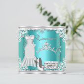 Quinceanera 15e Blauwgroen Blue Silver Diamond Tia Kaart (Staand voorkant)