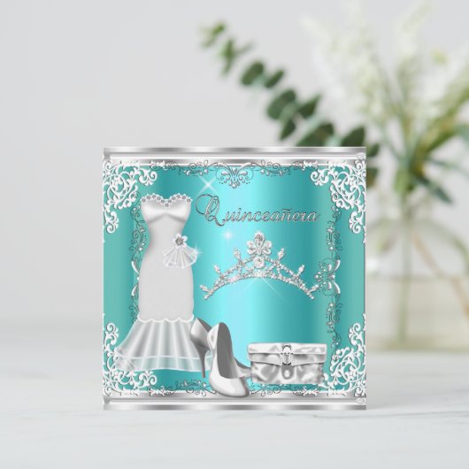 Quinceanera 15e Blauwgroen Blue Silver Diamond Tia Kaart (Staand voorkant)