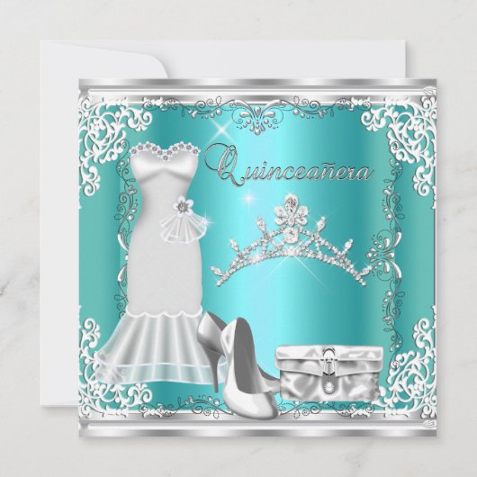 Quinceanera 15e Blauwgroen Blue Silver Diamond Tia Kaart (Voorkant)