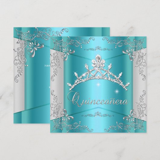 Quinceanera 15e Blauwgroen Blue Silver Tiara Kaart (Voorkant / Achterkant)