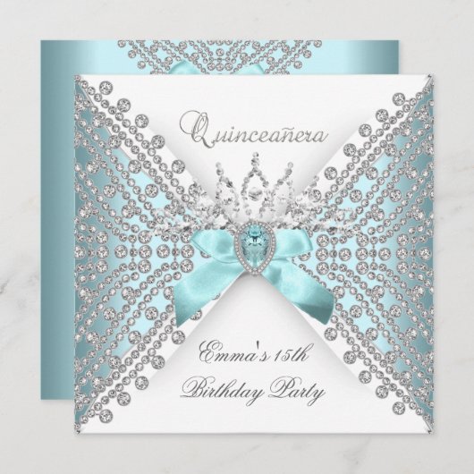 Quinceanera 15e Blauwgroen Blue Silver White Diamo Kaart (Voorkant / Achterkant)