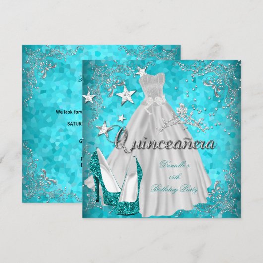 Quinceanera 15e Blauwgroen Shimmer Glitter Kaart (Voorkant / Achterkant)
