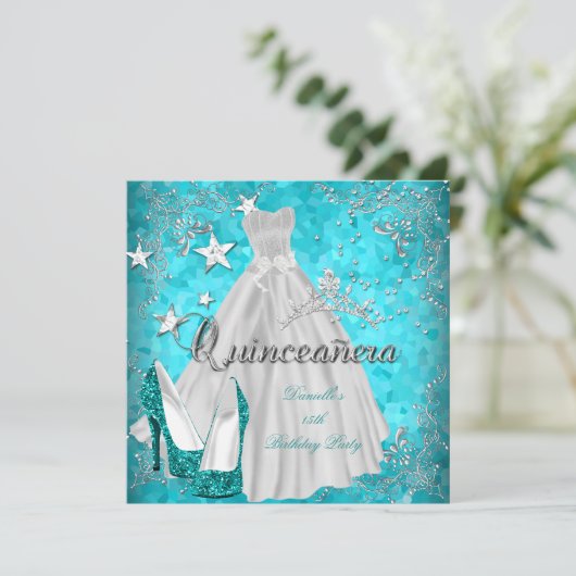 Quinceanera 15e Blauwgroen Shimmer Glitter Kaart (Staand voorkant)