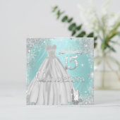 Quinceanera 15e Blauwgroen Silver Snowflakes Party Kaart (Staand voorkant)