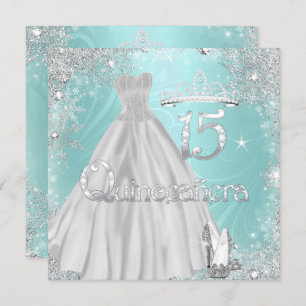 Quinceanera 15e Blauwgroen Silver Snowflakes Party Kaart