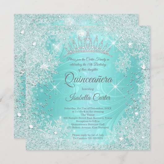 Quinceanera 15e Blauwgroen Snowflake Winter Wonder Kaart (Voorkant / Achterkant)