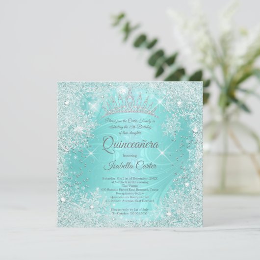 Quinceanera 15e Blauwgroen Snowflake Winter Wonder Kaart (Staand voorkant)
