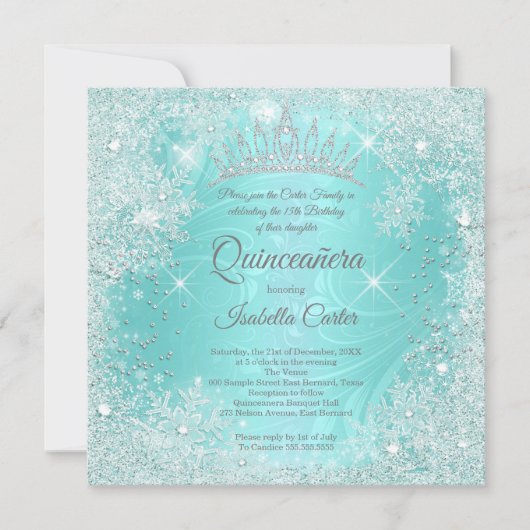 Quinceanera 15e Blauwgroen Snowflake Winter Wonder Kaart (Voorkant)