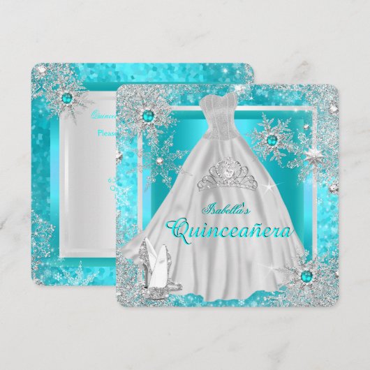 Quinceanera 15e Blauwgroen winter Wonderland Snowf Kaart (Voorkant / Achterkant)