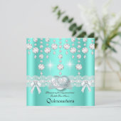 Quinceanera 15e Blauwgroen Zilverhartdiamanten Kaart (Staand voorkant)