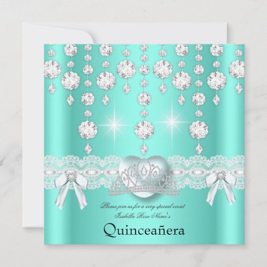 Quinceanera 15e Blauwgroen Zilverhartdiamanten Kaart (Voorkant)