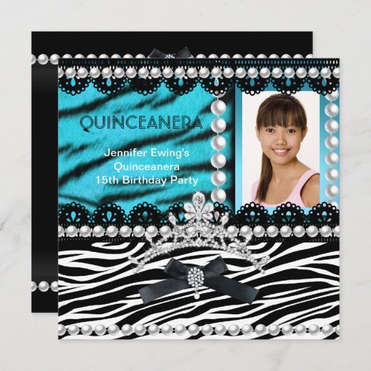 Quinceanera 15e Blauwgroen zwarte Zebra Pearl Tiar Kaart (Voorkant / Achterkant)