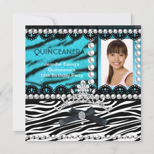 Quinceanera 15e Blauwgroen zwarte Zebra Pearl Tiar Kaart (Voorkant)