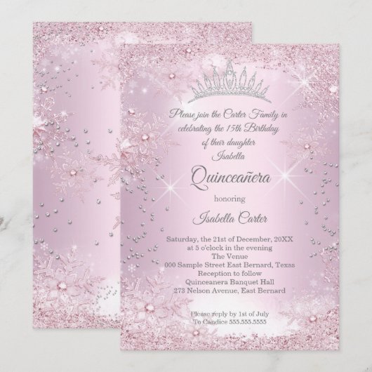 Quinceanera 15e Blush Pink Snowflake Winter Kaart (Voorkant / Achterkant)