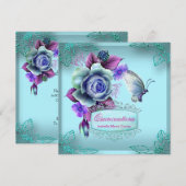 Quinceañera 15e Butterfly Blauwgroen Paarse Partij Kaart (Voorkant / Achterkant)