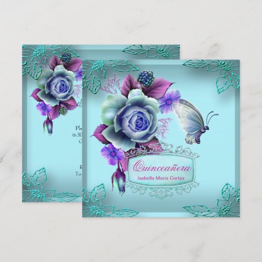 Quinceañera 15e Butterfly Blauwgroen Paarse Partij Kaart (Voorkant / Achterkant)