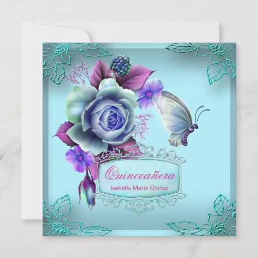 Quinceañera 15e Butterfly Blauwgroen Paarse Partij Kaart (Voorkant)
