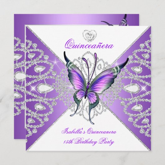 Quinceanera 15e Butterfly Paars Tiara 2 Kaart (Voorkant / Achterkant)