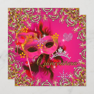 Quinceanera 15e Coral Pink Masquerade Party Gold Kaart