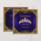 Quinceanera 15e Diepblauwe Gouden Diamant Tiara Kaart (Voorkant / Achterkant)