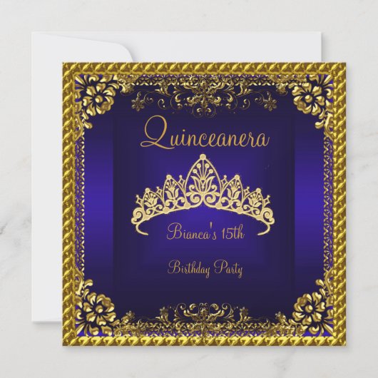 Quinceanera 15e Diepblauwe Gouden Diamant Tiara Kaart (Voorkant)