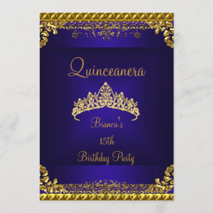 Quinceanera 15e Diepblauwe Gouden Diamanten Tiara Kaart