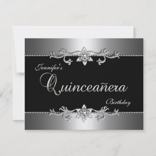 Quinceanera 15e Elegant Black Silver Jewel Party Kaart (Voorkant)