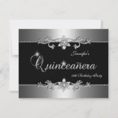 Quinceanera 15e Elegant Black Silver Jewel Party Kaart (Voorkant)