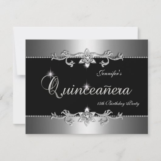 Quinceanera 15e Elegant Black Silver Jewel Party Kaart (Voorkant)