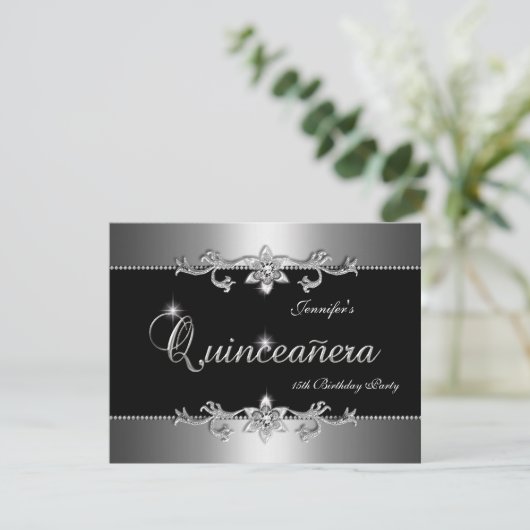 Quinceanera 15e Elegant Black Silver Jewel Party Kaart (Staand voorkant)