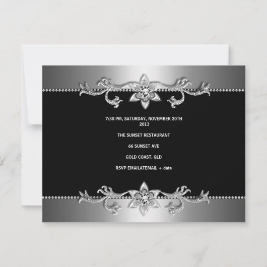Quinceanera 15e Elegant Black Silver Jewel Party Kaart (Achterkant)