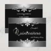 Quinceanera 15e Elegant Black Silver Jewel Party Kaart (Voorkant / Achterkant)