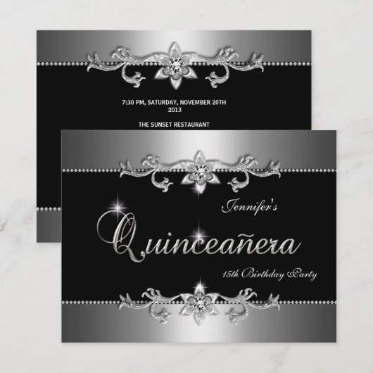 Quinceanera 15e Elegant Black Silver Jewel Party Kaart (Voorkant / Achterkant)
