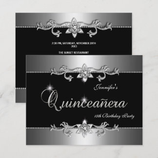 Quinceanera 15e Elegant Black Silver Jewel Party Kaart