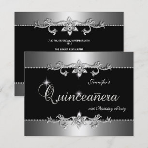 Quinceanera 15e Elegante Zwart Zilveren Juweel Fee Kaart