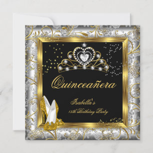 Quinceañera 15e Feest Goud Zilver Damast Glamour Kaart
