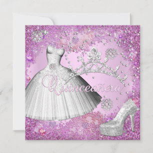 Quinceanera 15e feestje roze tiara jurk schoen kaart