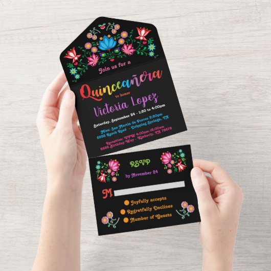 Quinceanera 15e Floral Verjaardagsfeest All In One Uitnodiging (Afscheurbaar)