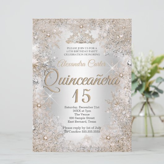 Quinceanera 15e foto Silver Beige Snowflake Kaart (Staand voorkant)