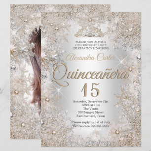 Quinceanera 15e Foto Zilver Beige Sneeuwvlok Kaart