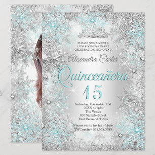 Quinceanera 15e Foto Zilver Tealblauw Sneeuwvlok Kaart