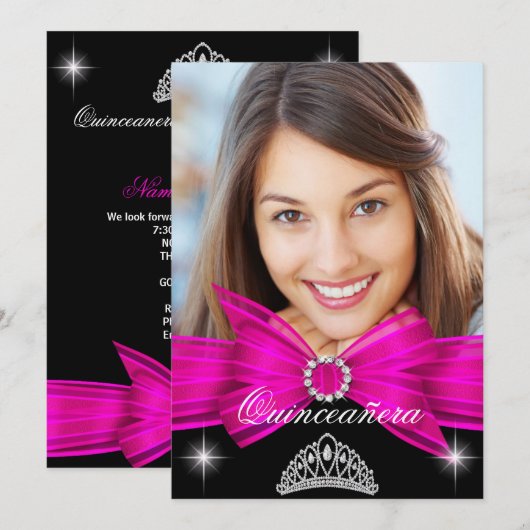 Quinceanera 15e Hot Pink Black Birthday Party 2 Kaart (Voorkant / Achterkant)
