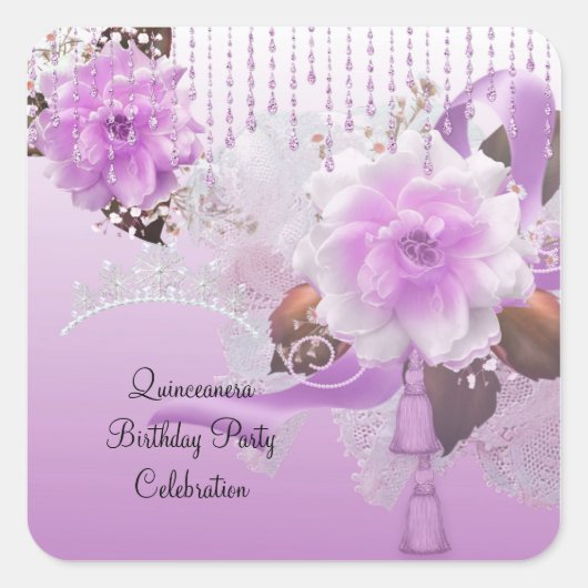Quinceanera 15e Lila roze Floral White Vierkante Sticker (Voorkant)