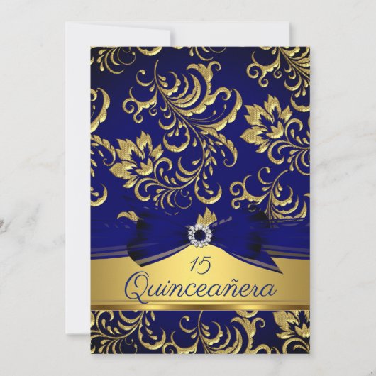 Quinceanera 15e marineblauw-goudblauw-Damaskazerne Kaart (Voorkant)