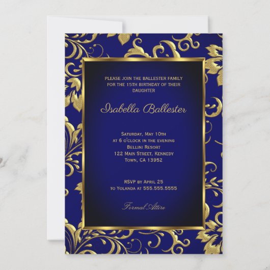 Quinceanera 15e marineblauw-goudblauw-Damaskazerne Kaart (Achterkant)