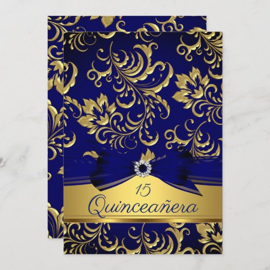 Quinceanera 15e marineblauw-goudblauw-Damaskazerne Kaart (Voorkant / Achterkant)