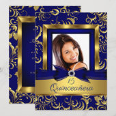 Quinceanera 15e marineblauwgoudfoto kaart (Voorkant / Achterkant)